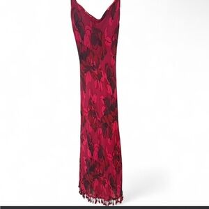 Betsey Johnson Red Floral Maxi Slip Dress with Tassel Hem